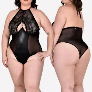 Body Plus Size Dinamite em Tule Renda e Lycra Halter Neck - Sensualle