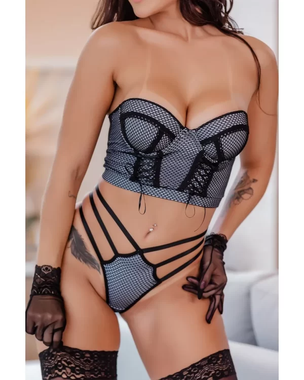 Conjunto Cropped Tomara Que Caia Em Tecido Duplo Com Bojo, Amarração Nas Costas e Calcinha Fio Dental Com Tiras Reguláveis - Universo Feminino - Image 15