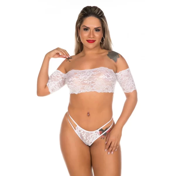 Conjunto Sexy Gabriela Top Ciganinha e Renda e Calcinha Fio Dental - Pimenta Sexy