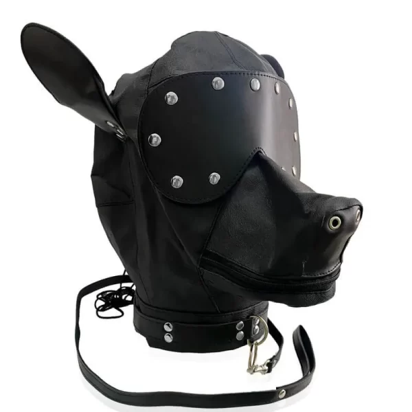 Capuz Com Focinho Orelhas e Guia Dog Leather em Couro Sintético - 3R