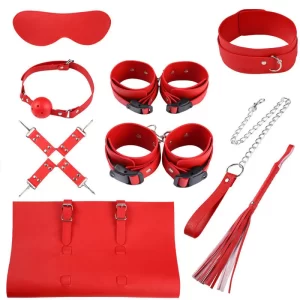 Kit Bondage Sado Em Couro Sintético Com 7 Peças Vermelho - Bondage Kits 3R
