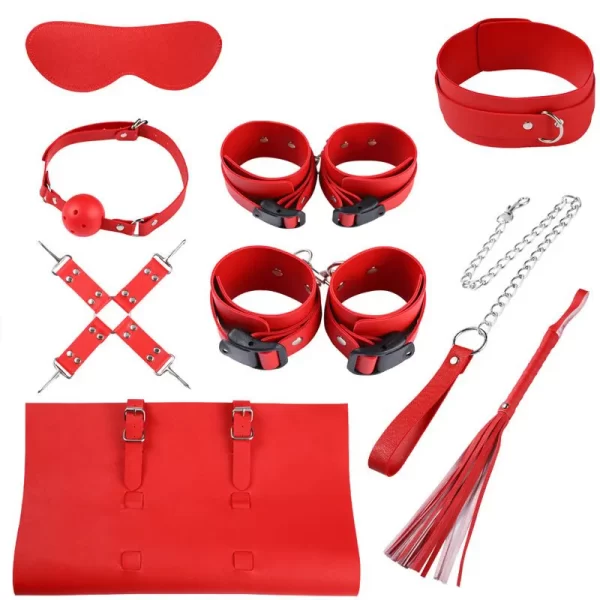 Kit Bondage Sado Em Couro Sintético Com 7 Peças Vermelho - Bondage Kits 3R