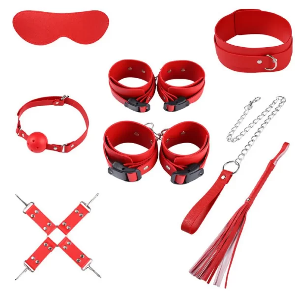 Kit Bondage Sado Em Couro Sintético Com 7 Peças Vermelho - Bondage Kits 3R - Image 3