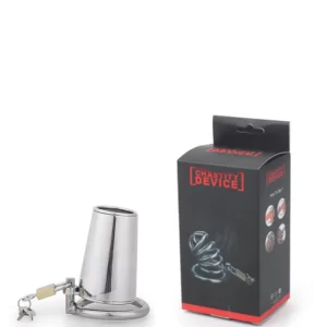 Cinto de Castidade Masculino em Aço Inoxidável Modelo Fechado Com Abertura na Ponta Com Anel Para Escroto e Cadeado - Male Chastity Device