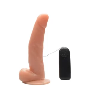 Pênis Realístico com Escroto 17 cm X 3,5 cm com Ventosa e Vibro com Controle Remoto com Fio - Prazer e Cia
