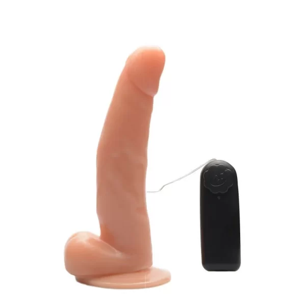Pênis Realístico com Escroto 17 cm X 3,5 cm com Ventosa e Vibro com Controle Remoto com Fio - Prazer e Cia