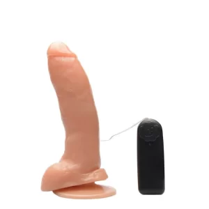 Pênis Realístico com Escroto 18,5 cm X 4,0 cm com Ventosa e Vibro com Controle Remoto com Fio Jeffinho - Prazer e Cia