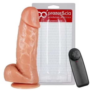 Pênis Realístico com Escroto 18,7 cm X 4,4 cm com Ventosa e Vibro com Controle Remoto com Fio - Prazer e Cia